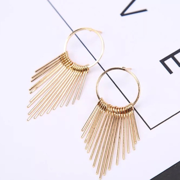 Gold Hoop Earrings Circle Ring Tassel Dangle Drop - Picture 5 of 9